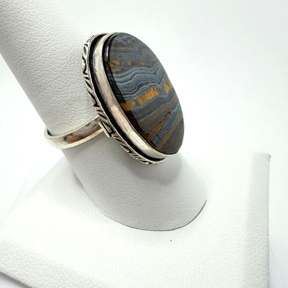 💕 Tiger eye silver plated gemstone ring. Stamped 925 size 8 hand made - Picture 6 of 12